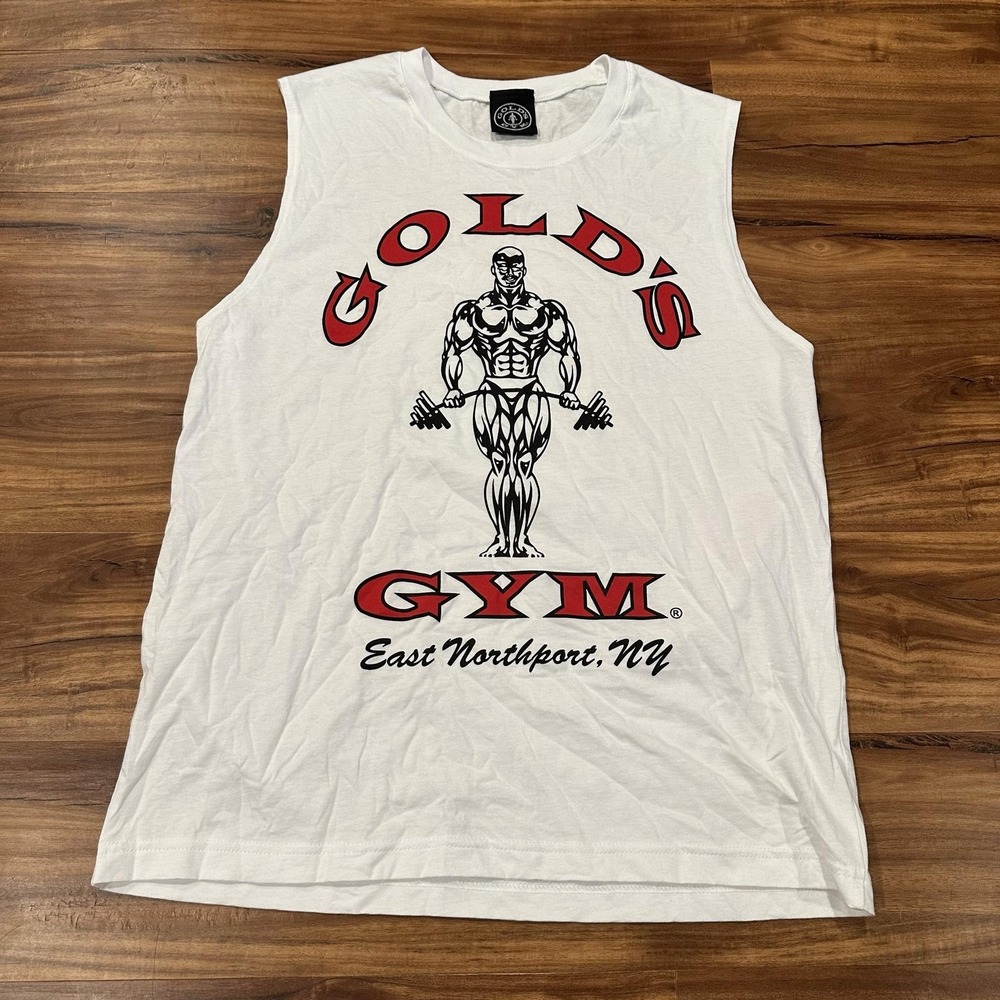 Gold's Gym Shirt Mens Large White East Northport NY Muscle Tank Graphic